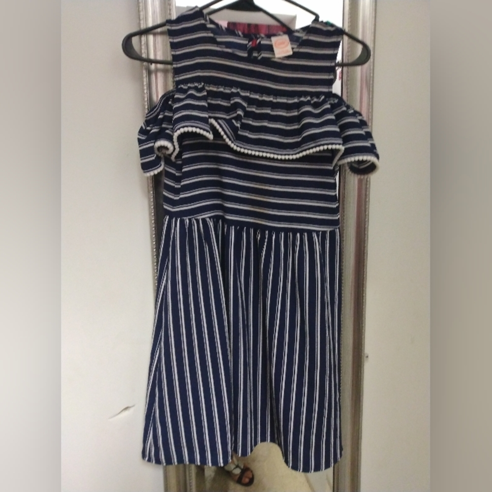 Pre-owner Wonder Nación Girl dress size L (10-12) cold shoulder blue white strip